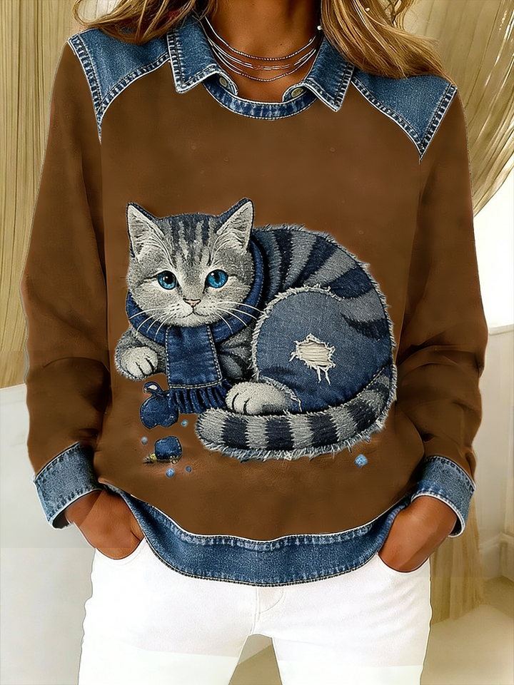 Eponin - Retro Cat Denim Patchwork Sweatshirt