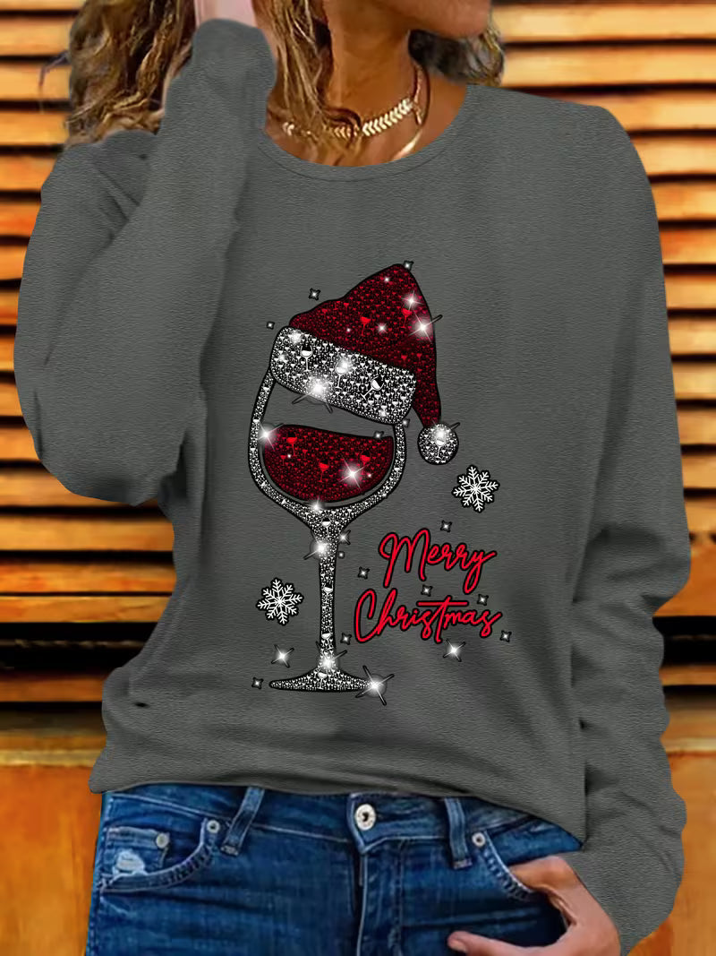 Doreah - Christmas Wine Glass & Santa Hat Print Sweater