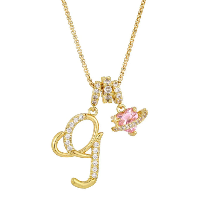 Nerute - Initial Letter Necklace With Pink Heart Charm