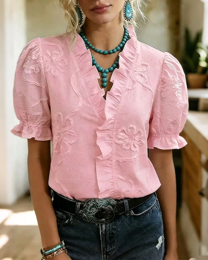Lillynn - V-neck Blouse With Ruffled Trim And Puff Sleeves
