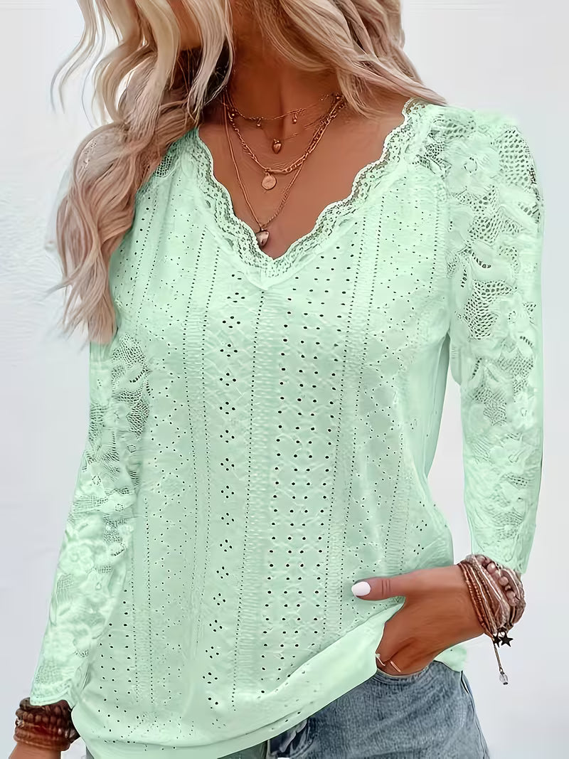 Shaleva - Stylish Long Sleeve Shirt With Lace V-Neck