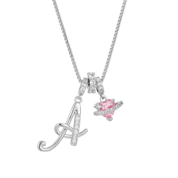 Nerute - Initial Letter Necklace With Pink Heart Charm