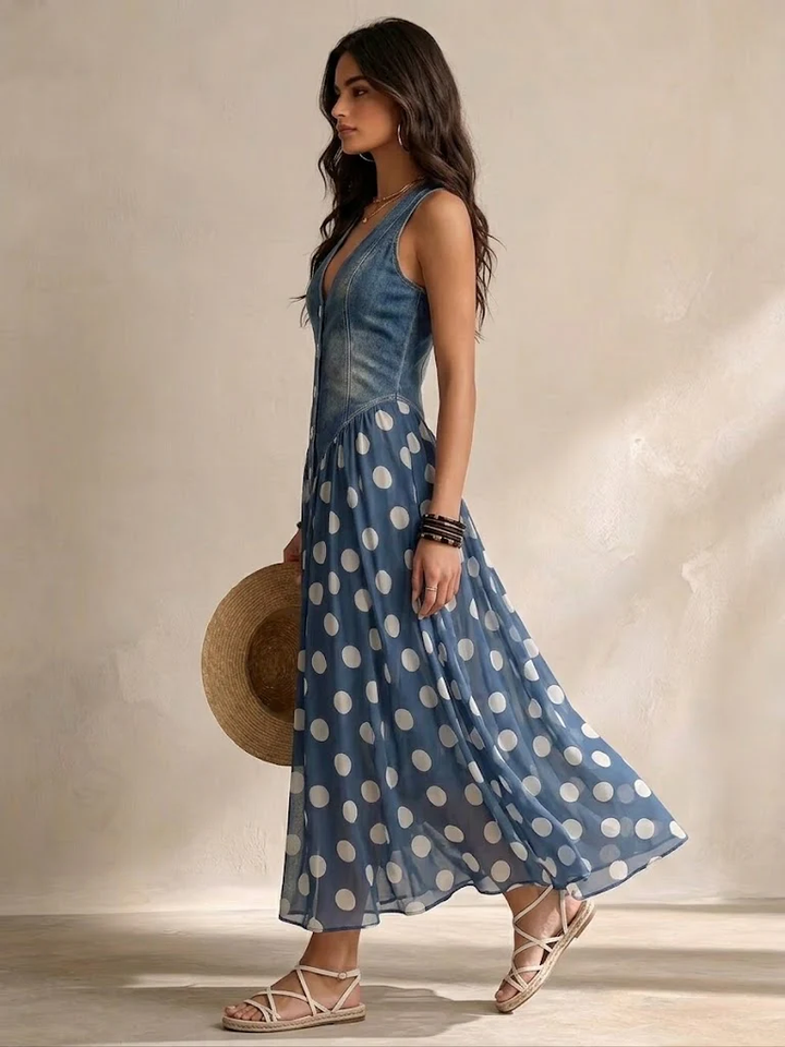 Briisa - Denim Dress With Polka Dot Chiffon Skirt