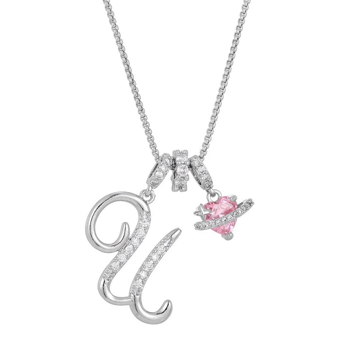 Nerute - Initial Letter Necklace With Pink Heart Charm
