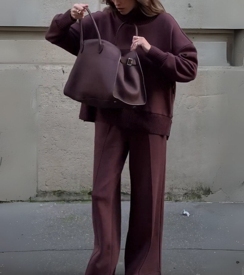 Blandine - Knitted Two Piece Set Turtleneck Sweater And Wide Leg Trousers