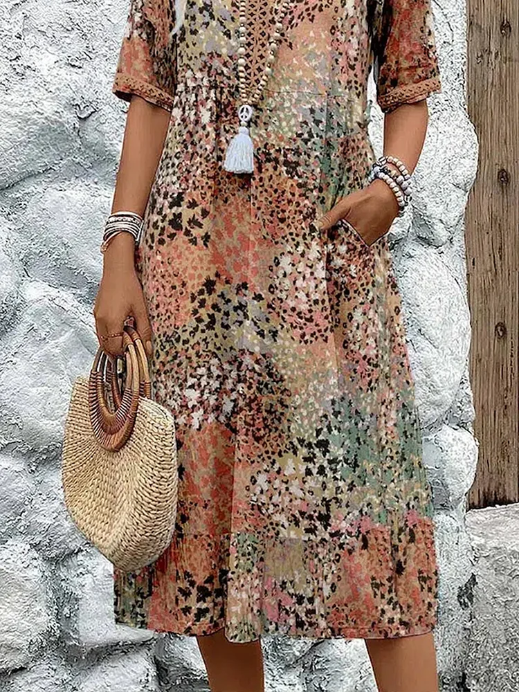 Kimano - Short Sleeve Mid-Calf Printed Dress