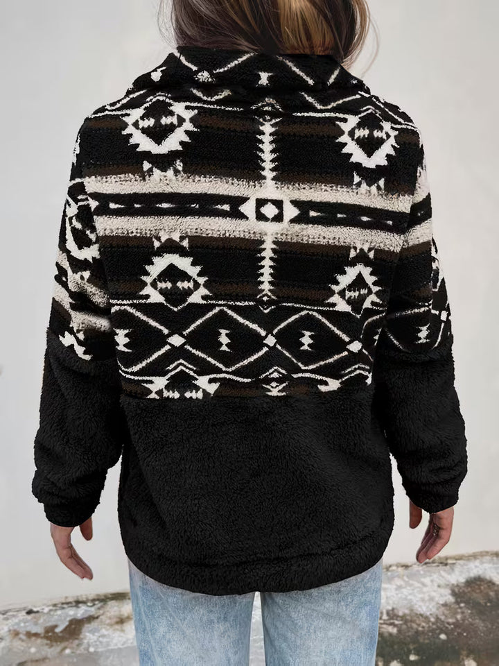 Florira - Geo Pattern Half-Zip Teddy Sweatshirt