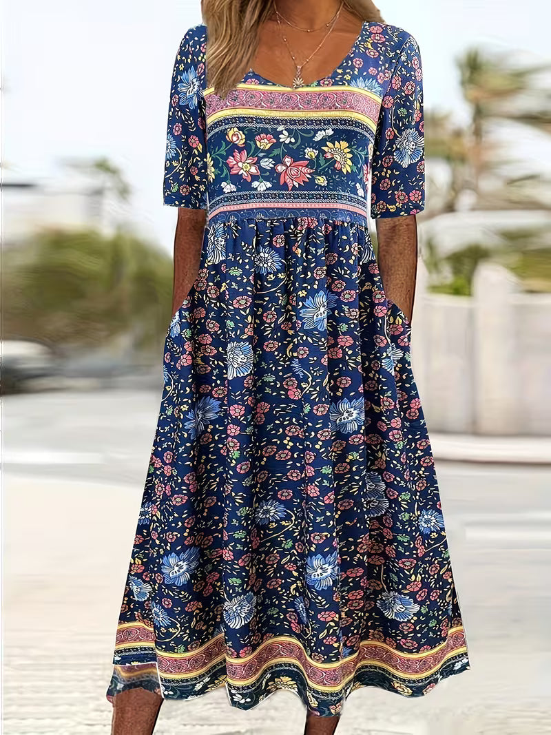 Lisan - Vintage Floral Print Dress with Pocket