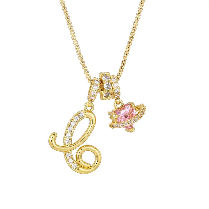 Nerute - Initial Letter Necklace With Pink Heart Charm