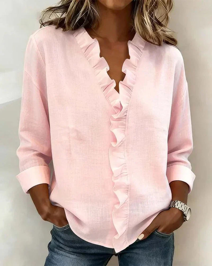 Pabasari - Stylish V-neck Blouse With Delicate Ruffles