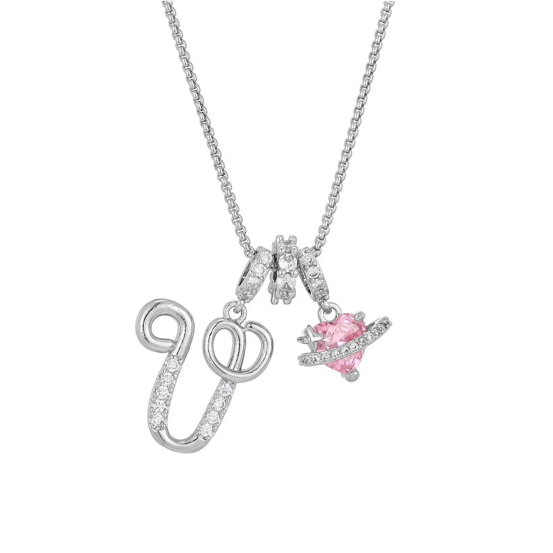 Nerute - Initial Letter Necklace With Pink Heart Charm