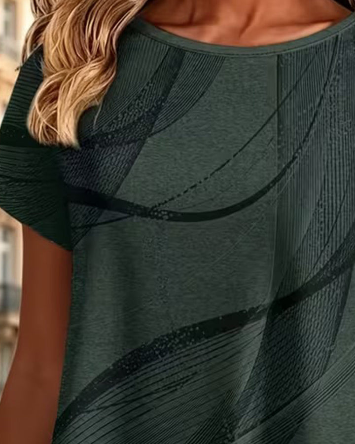 Zoniya - Asymmetrical Hem Printed Short Sleeve Top