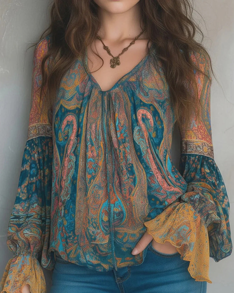 Izabella - Bohemian Style V-Neck Blouse With Flared Sleeves