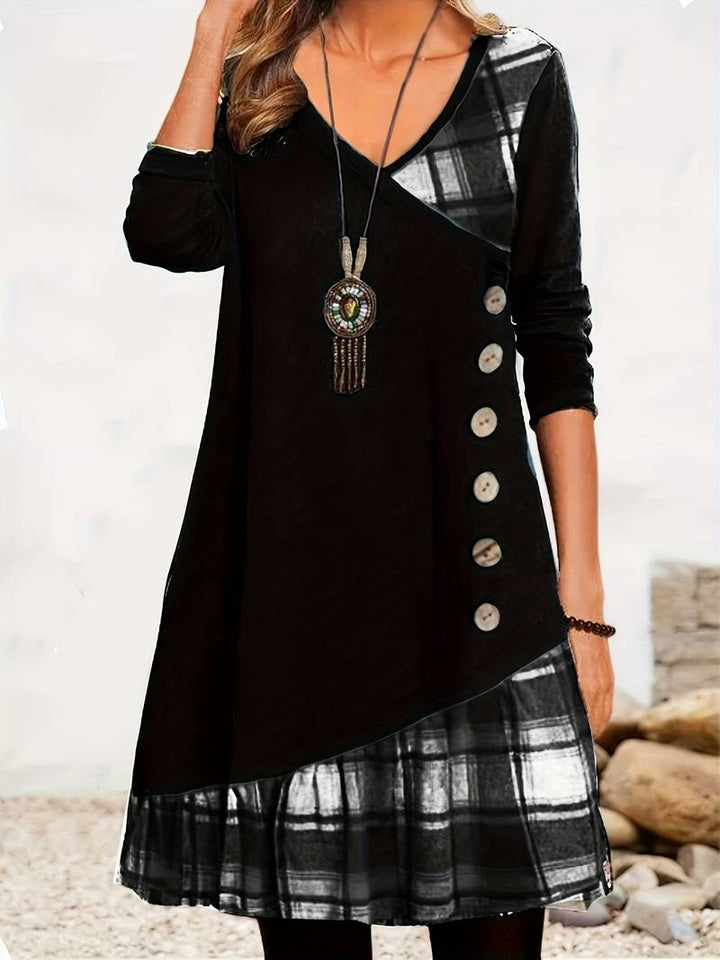 Alinor - Casual Plaid Patchwork Long Sleeve Dress