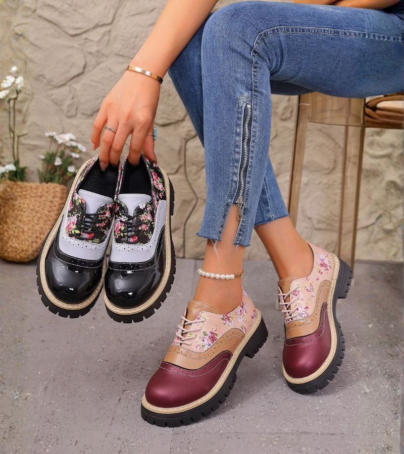 Rheaoova - Floral Oxford Shoes With Chunky Lug Sole