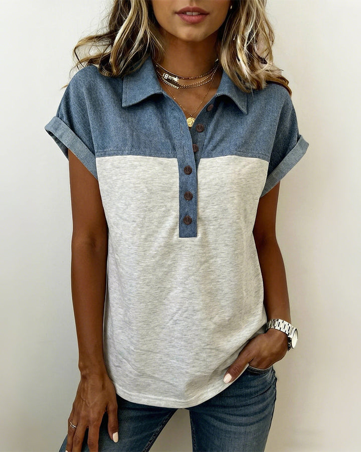 Myleena - Patchwork T-Shirt With Turn-Down Collar
