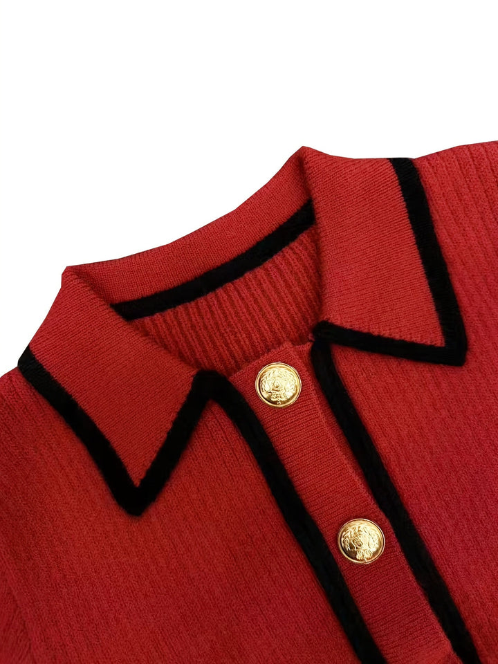 Roweina - Long Sleeve Contrast Trim Button Sweater