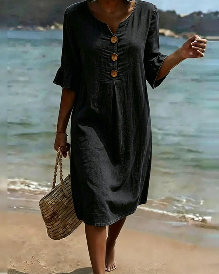 Fammke - Leaf Dress With Denim Sleeves