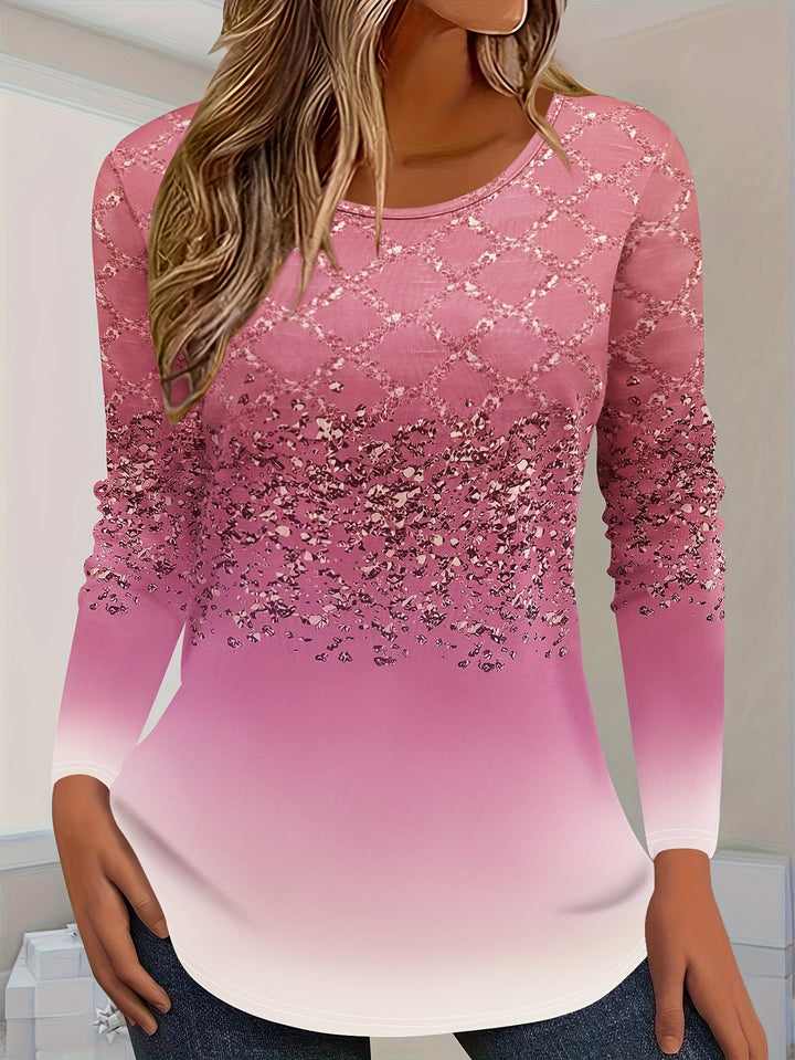 Esmeica - Gradient Lattice Print Long Sleeve T-Shirt
