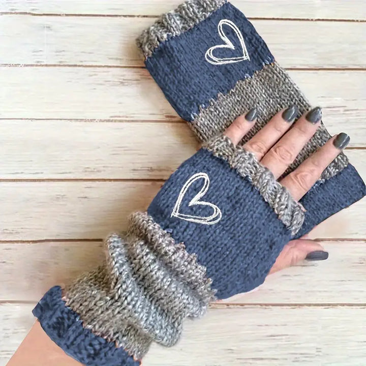 Eirlys - Knitted Fingerless Gloves With Heart Motif