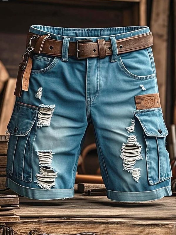 Men's Vintage Outdoor Functional Ripped Denim Shorts