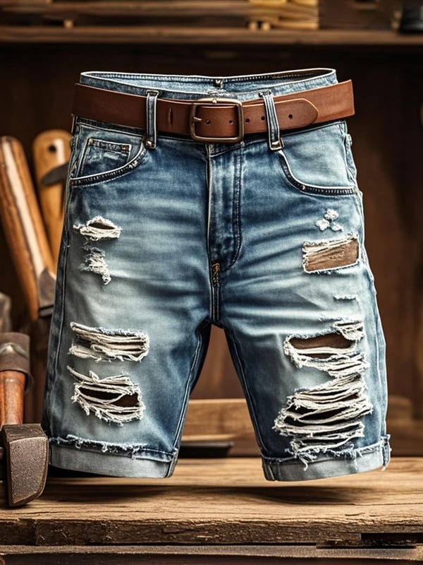 Men's Vintage Outdoor Functional Ripped Denim Shorts