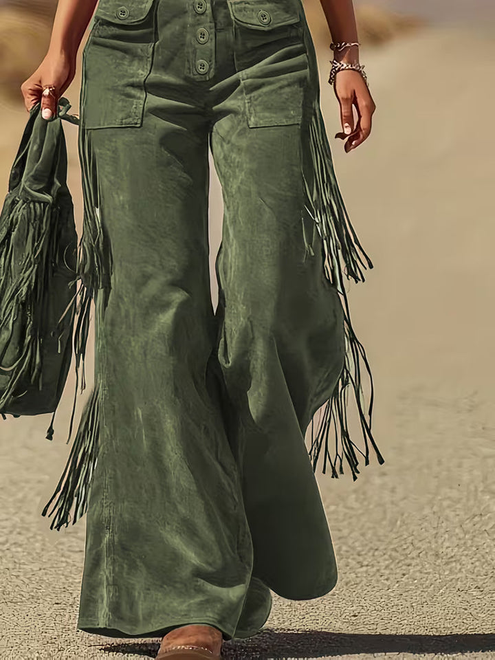 Ketiya - Wide Leg Cargo Pants With Fringe Trim