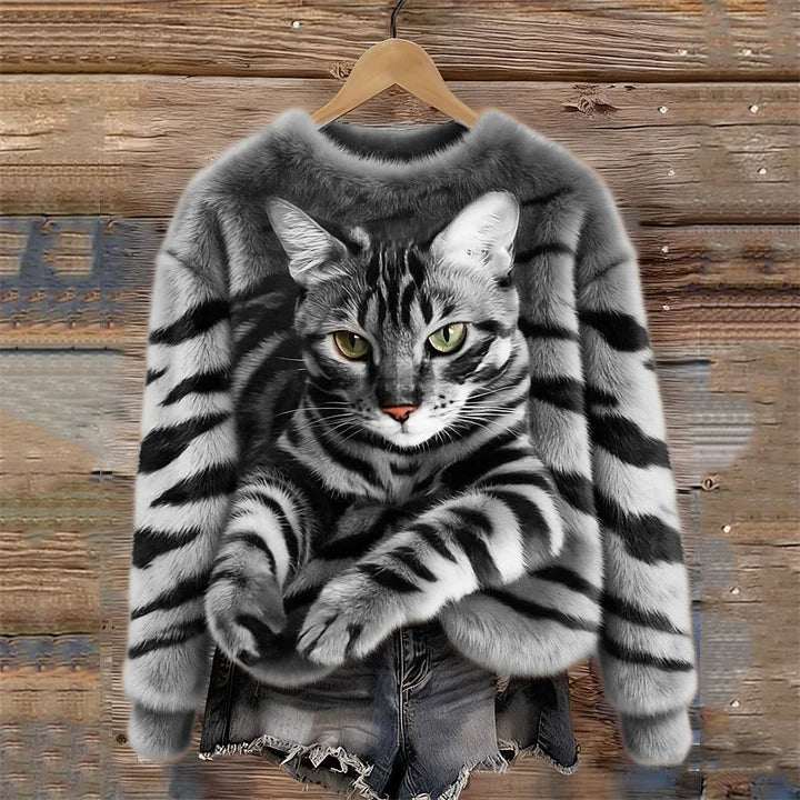 Jules - Tabby Cat And Tiger Pattern Soft Plush Sweatshirt