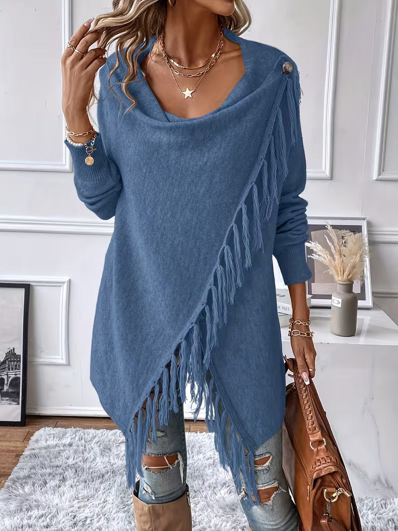 Theoaula - Draped Neck Cardigan With Fringed Trim