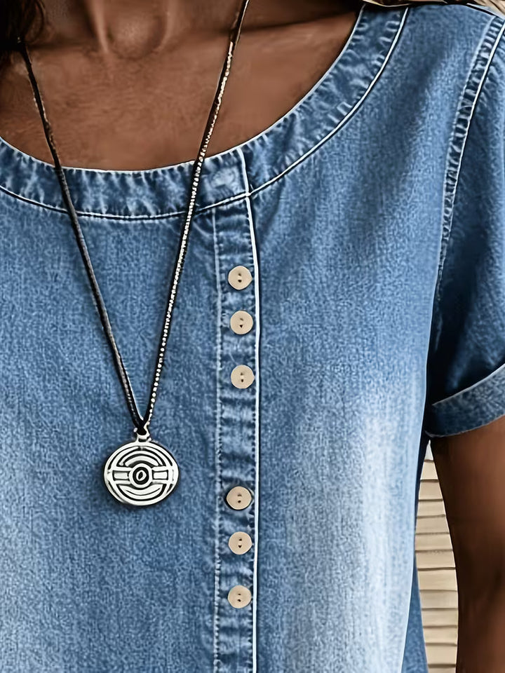 Ferina - Distressed Short Sleeve Denim Top