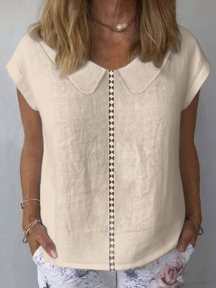 Krischelle - Lapel Lace Splicing Short Sleeve Sweater