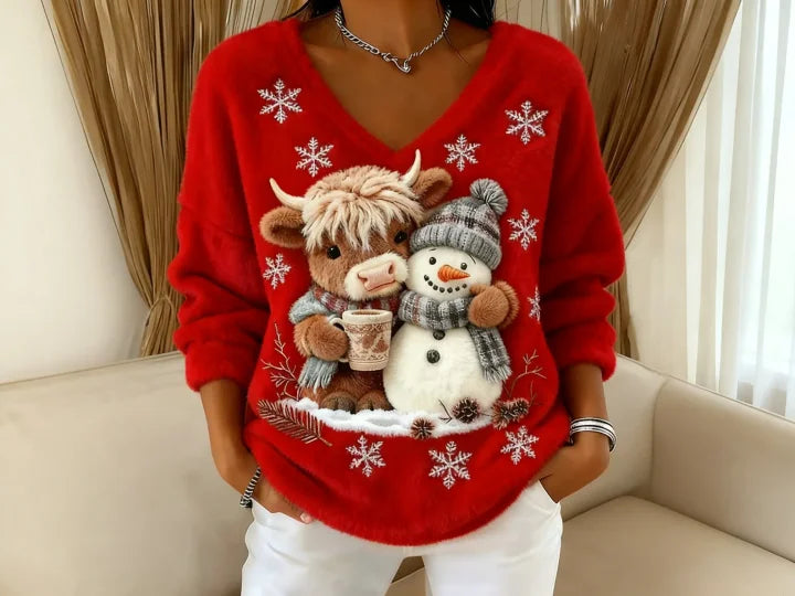 Malin - Long Sleeve Printed V-Neck Sweater