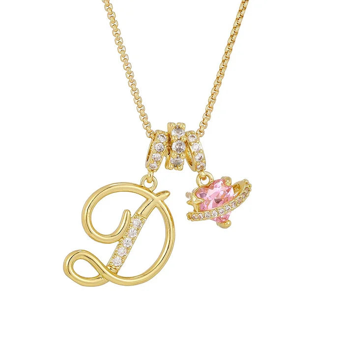 Nerute - Initial Letter Necklace With Pink Heart Charm