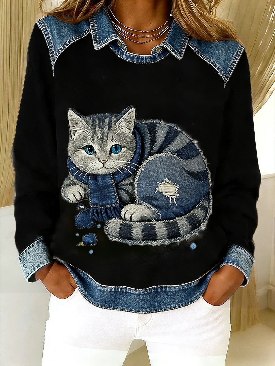Eponin - Retro Cat Denim Patchwork Sweatshirt