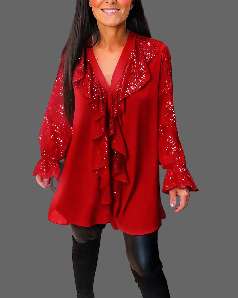 Moxie  - Ruffle Sparkly Sequin Blouse with V-Neck