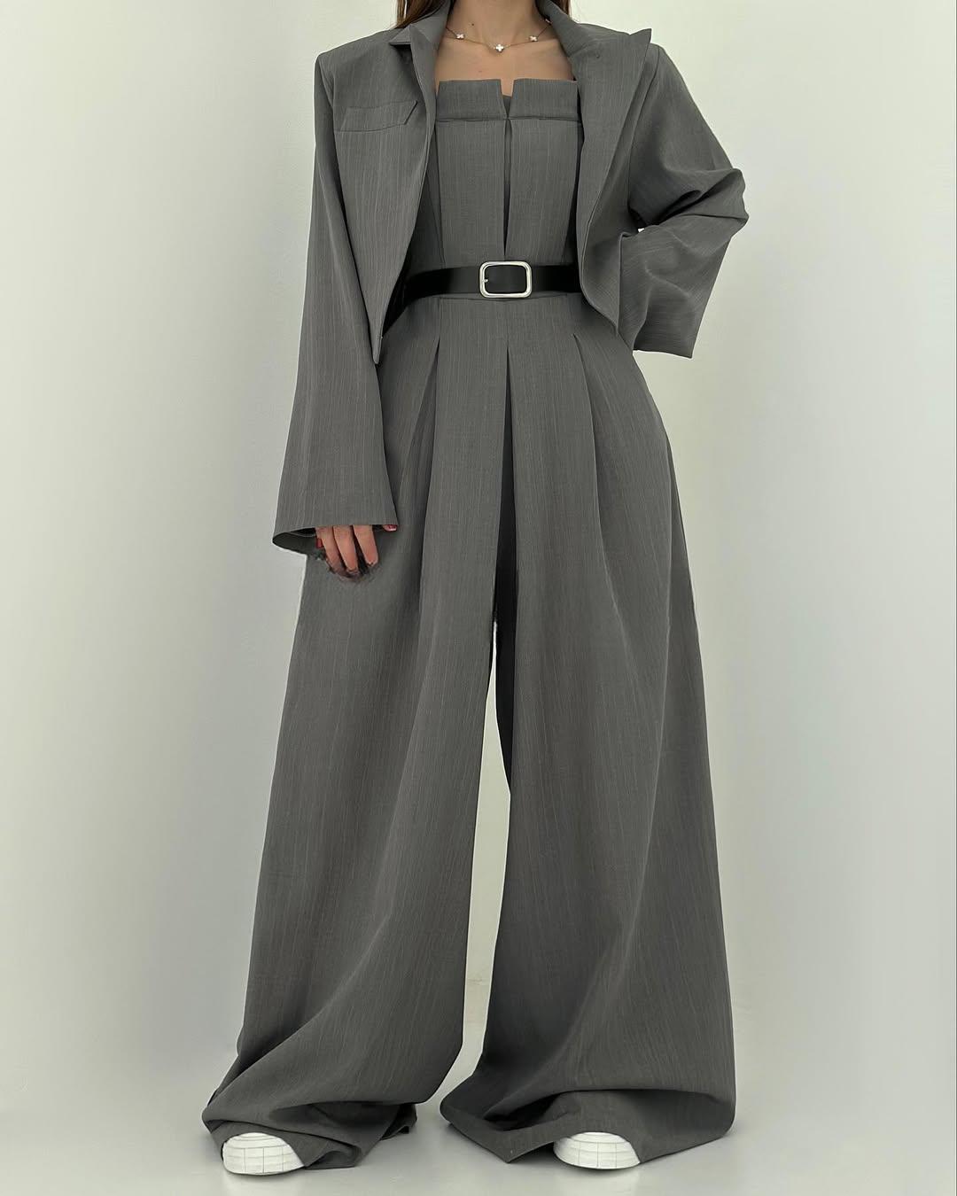 Lauralie - Strapless Jumpsuit Jacket Style Commuting Set