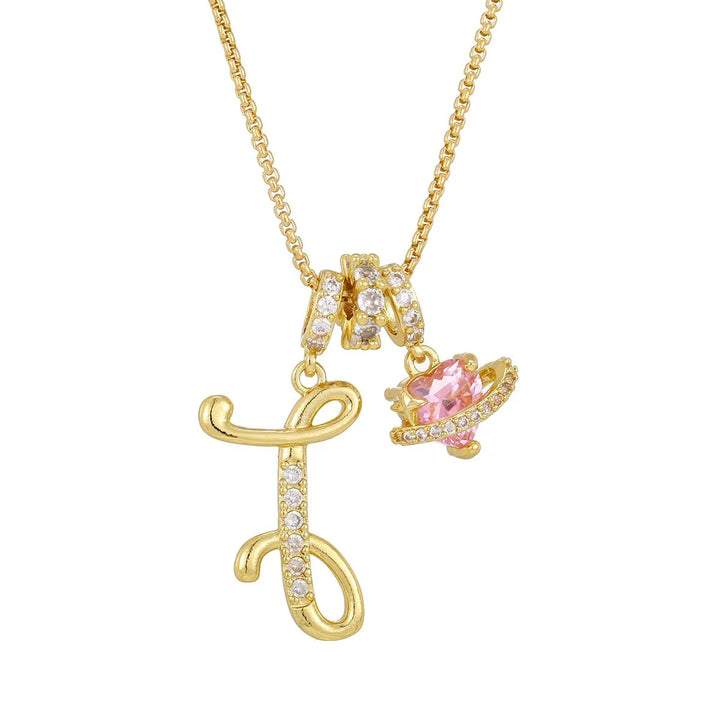 Nerute - Initial Letter Necklace With Pink Heart Charm