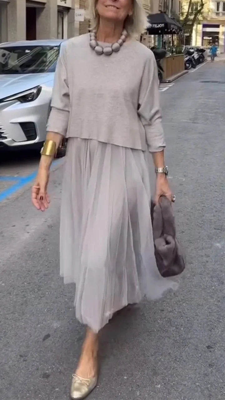 Efrata - Charming Satin Dress With Knitted Sweater