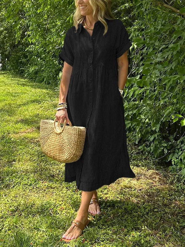 Alory - Comfortable Button Down Striped Midi Dress