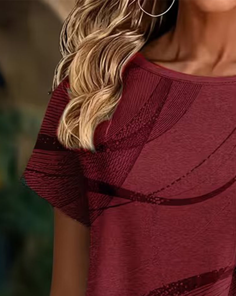 Zoniya - Asymmetrical Hem Printed Short Sleeve Top
