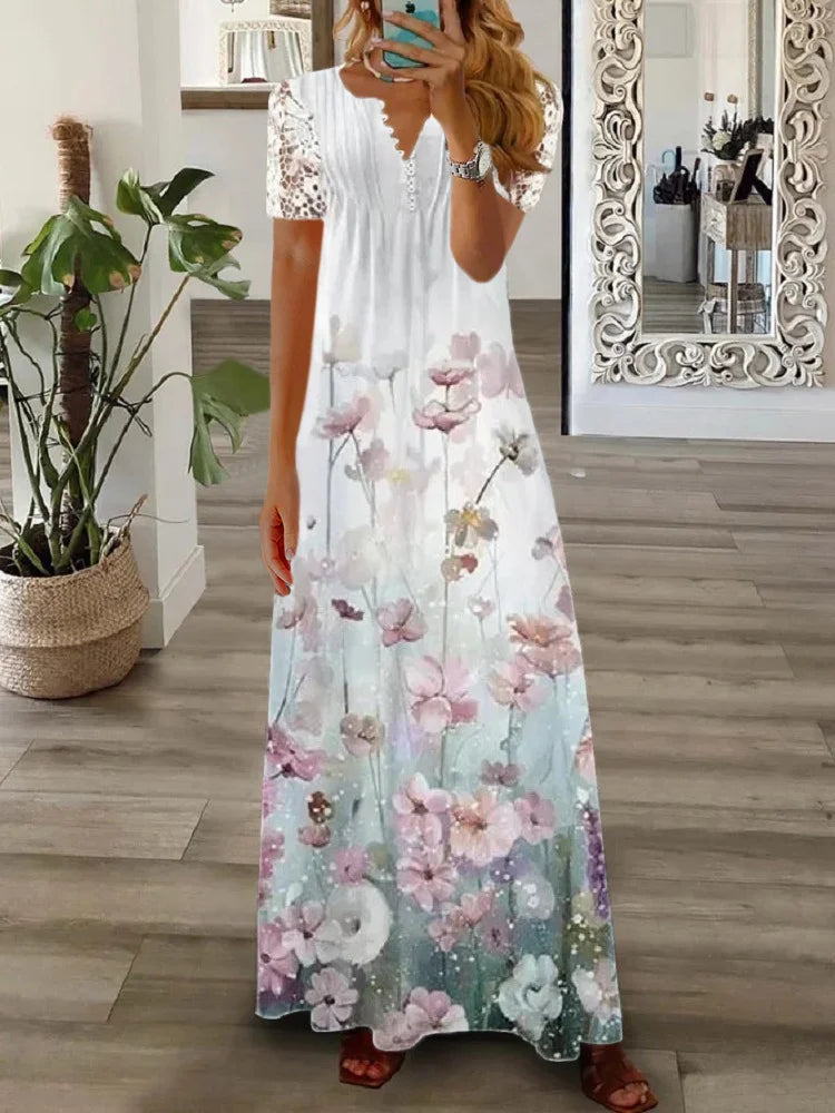 Gerda - Short Sleeve Dress With Lace Print