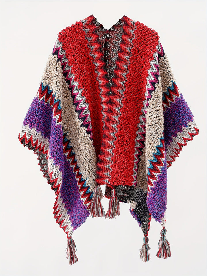 Raffalosa - Tassel Striped Blanket Cape Travel Jacket