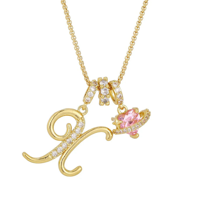 Nerute - Initial Letter Necklace With Pink Heart Charm