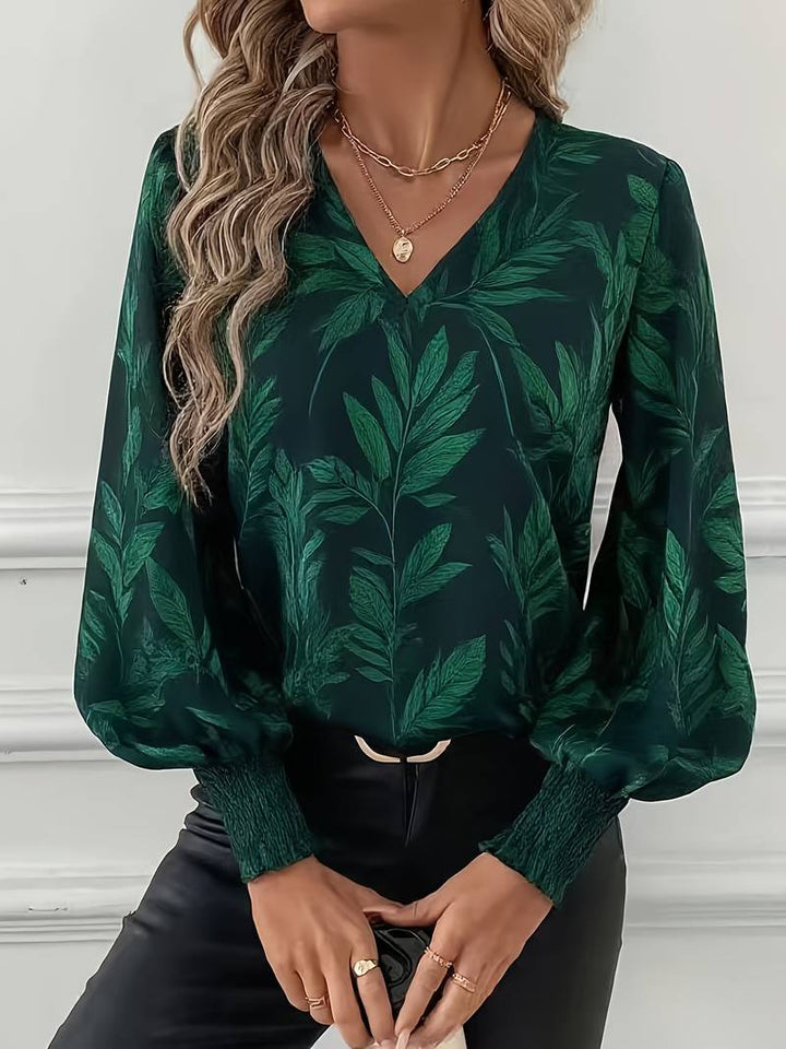 Ruchama - Elegant Long Sleeve Blouse With Leaf Print