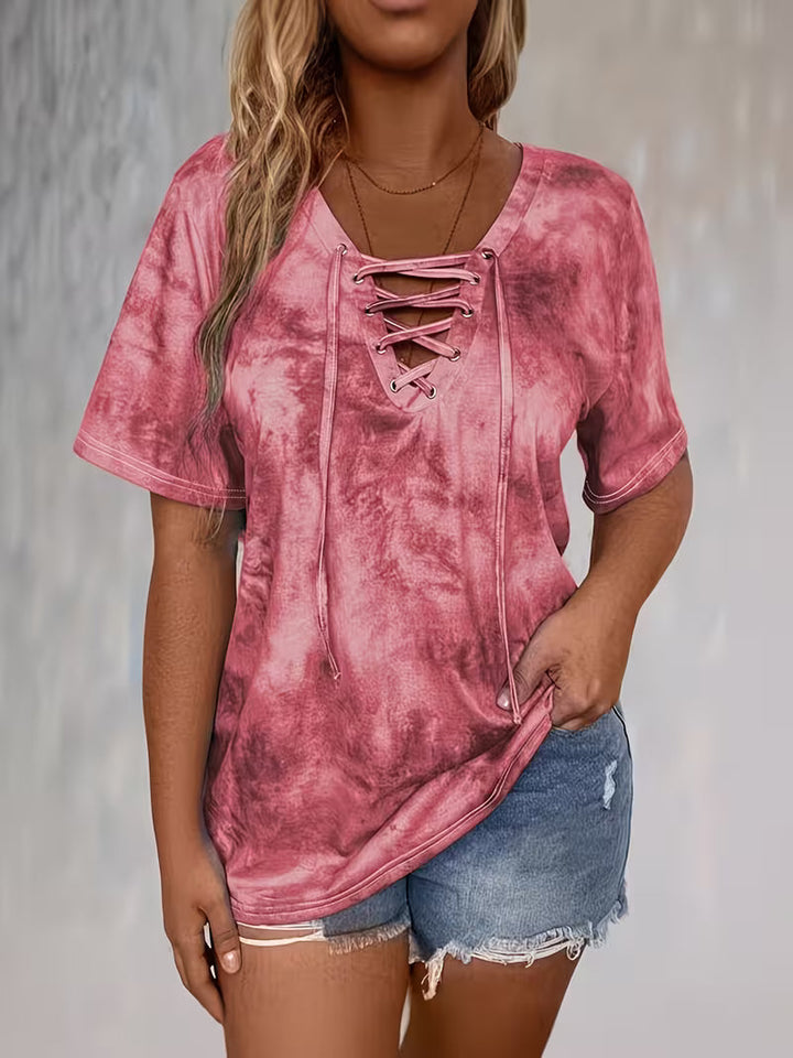 Rihanna - Tie Dye Lace-Up V-Neck T-Shirt