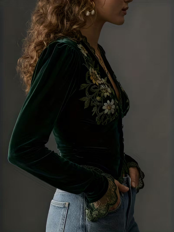 Nayelian - Long Sleeves Floral Embroidered Velvet Shirt
