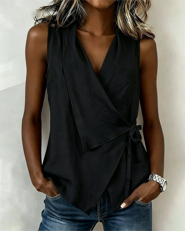 Anily - Plain Cotton-Linen Wrap Tank Top