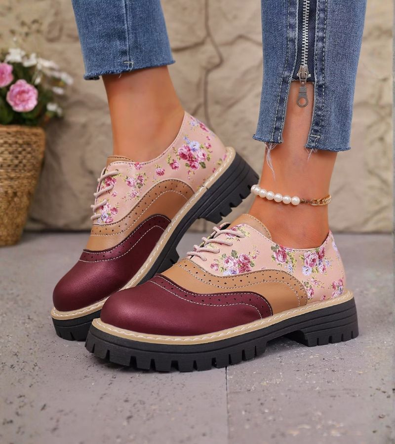 Rheaoova - Floral Oxford Shoes With Chunky Lug Sole