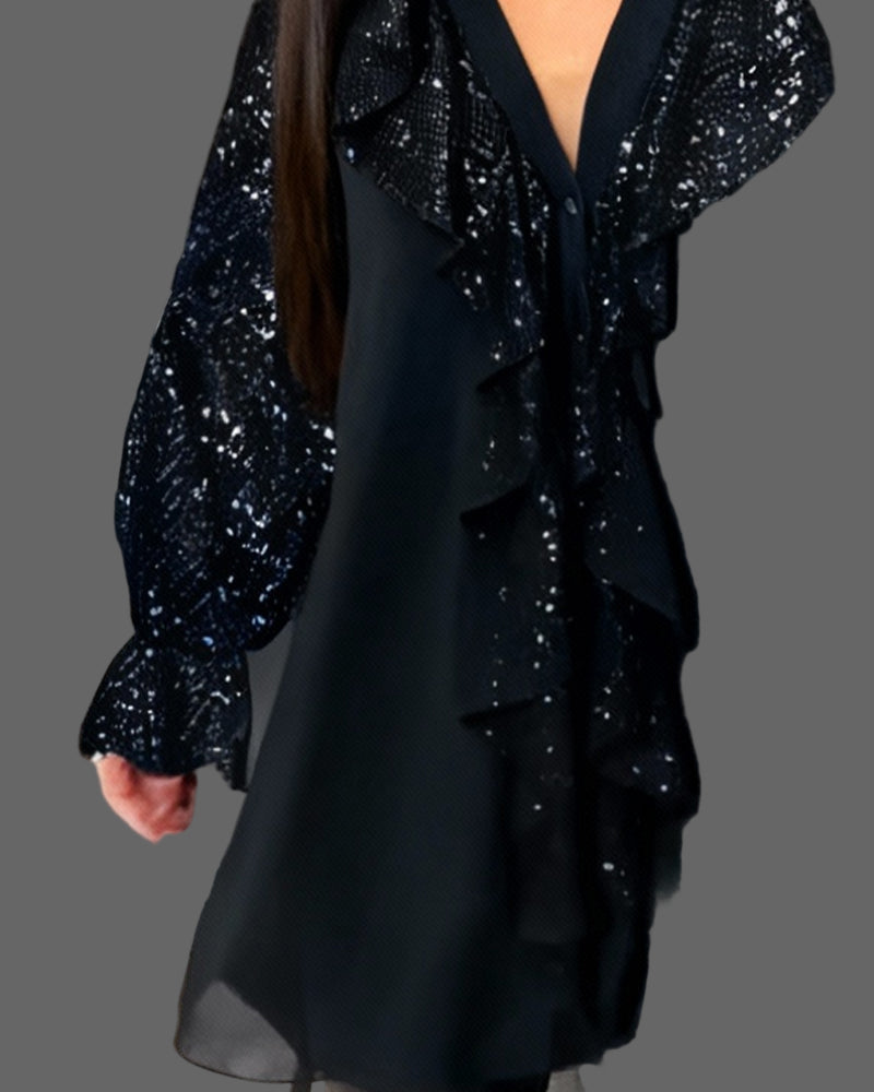 Moxie  - Ruffle Sparkly Sequin Blouse with V-Neck