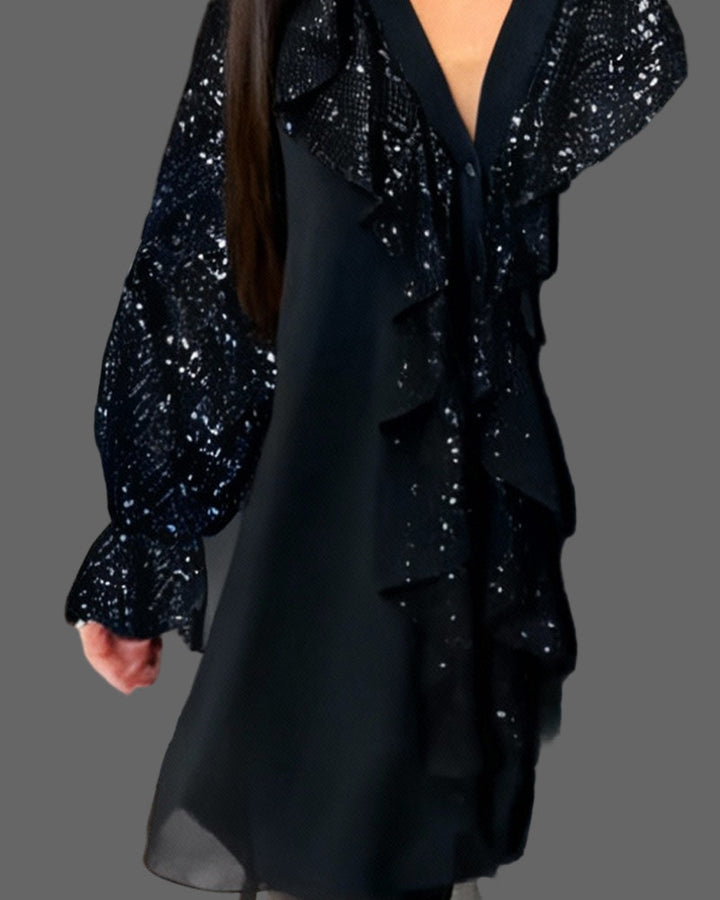 Moxie  - Ruffle Sparkly Sequin Blouse with V-Neck